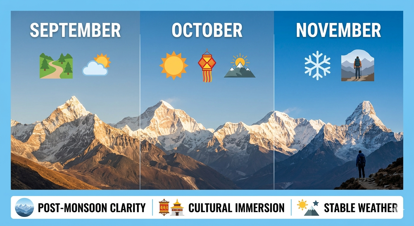 Autumn September to November clearest trekking conditions on Everest Base Camp Trek – monthly visibility and weather comparison infographic